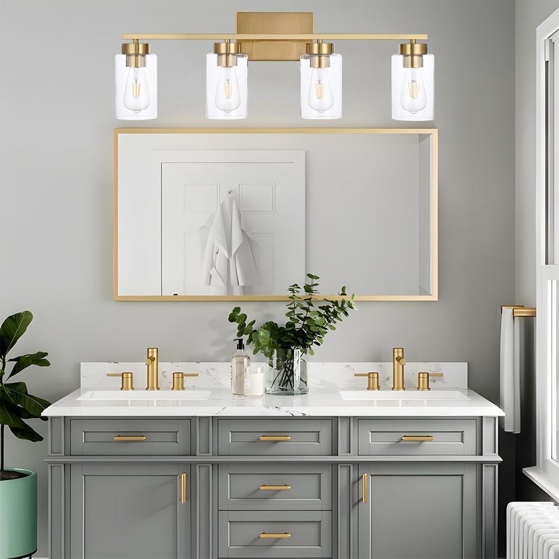 A1A9 4 Light Bathroom Vanity Light Fixtures, Brushed Brass Modern Wall Lights with Clear Glass Shade, Vintage Wall Sconce Lighting for Living Room, Mirror, Bedroom, Hallway (Gold, 4-Lights) - Image 5